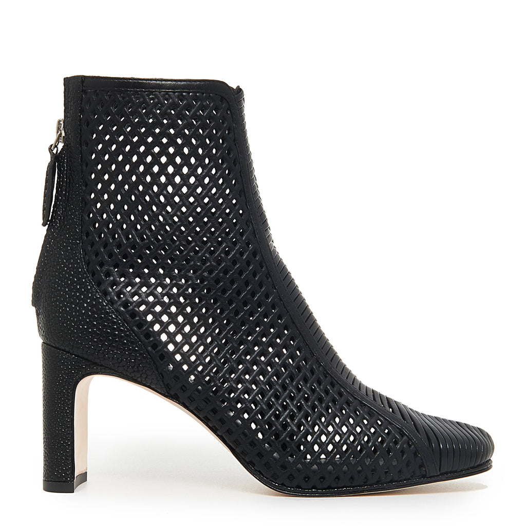 Daniella Shevel Isabella Laser Cut Leather and Hand Woven Interlacing Bootie Side View in Black
