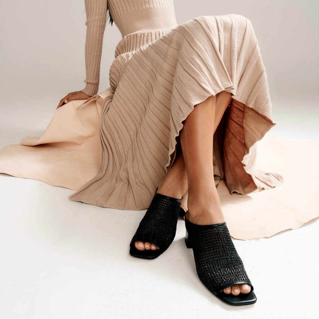 Daniella Shevel Black Salma Low Heel with pleated dress