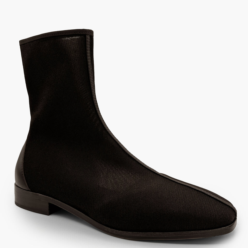 Profile close-up of Aliza Mesh Bootie in brown, emphasizing pointed toe and structured silhouette.