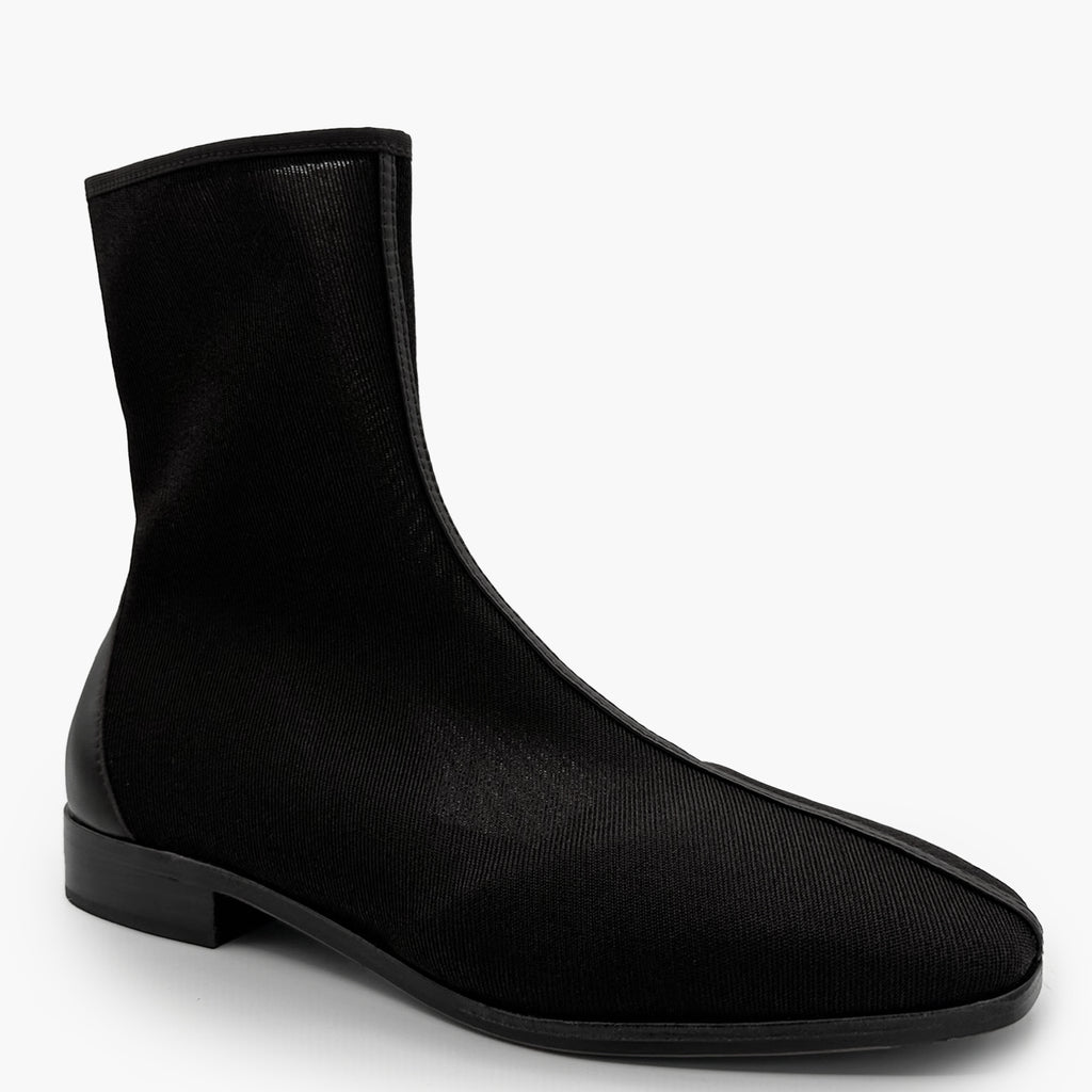 Close-up profile of Aliza Mesh Bootie in black, featuring sleek pointed toe and elegant ankle-length design.