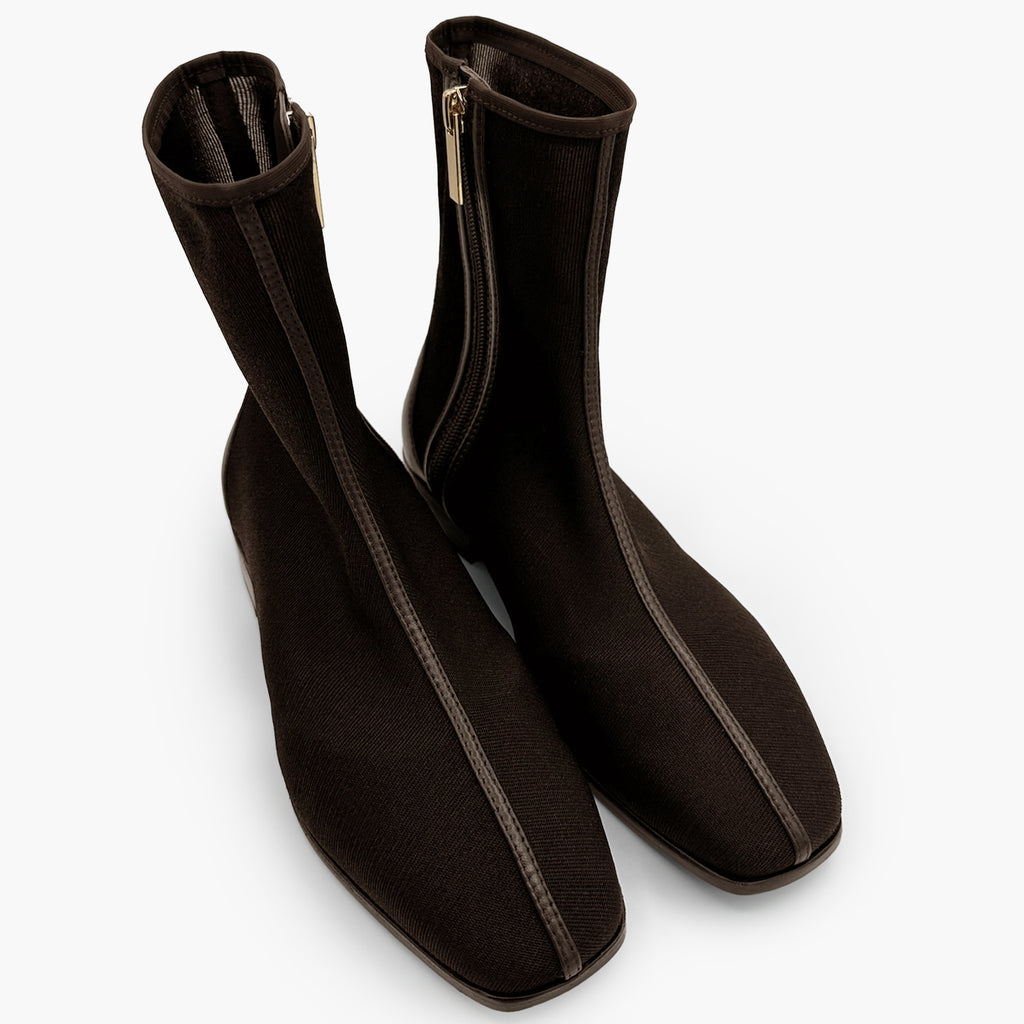 Top-down view of Aliza Mesh Bootie in brown, showcasing slim shaft and modern mesh finish.