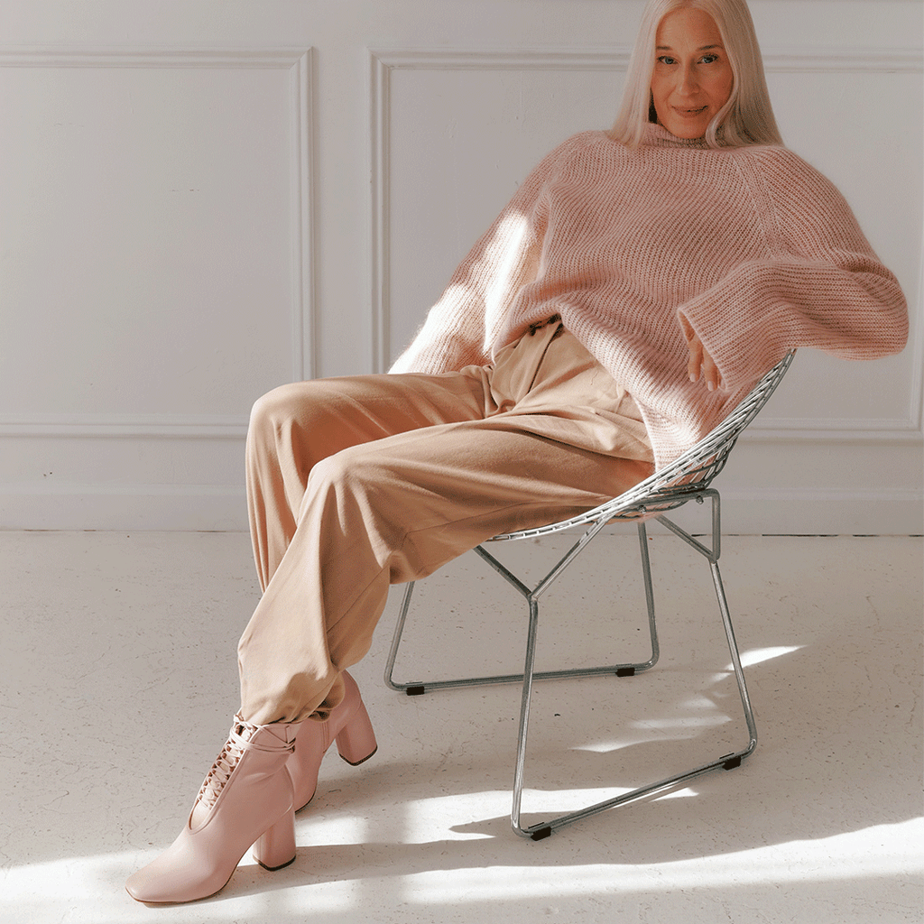 Daniella Shevel Belladonna Lace up boot in Pink with brown pants and knit sweater
