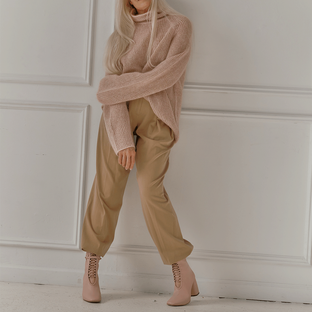 Daniella Shevel Belladonna Lace up boot in Pink with knit sweater and camel pants