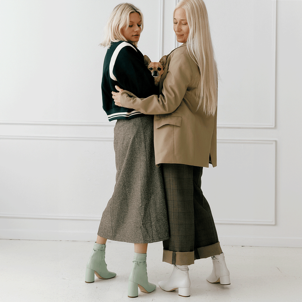 Daniella Shevel Belladonna Mint Green Lace Up Boo and Cleo Lace up bootie in white with fall outfit styling