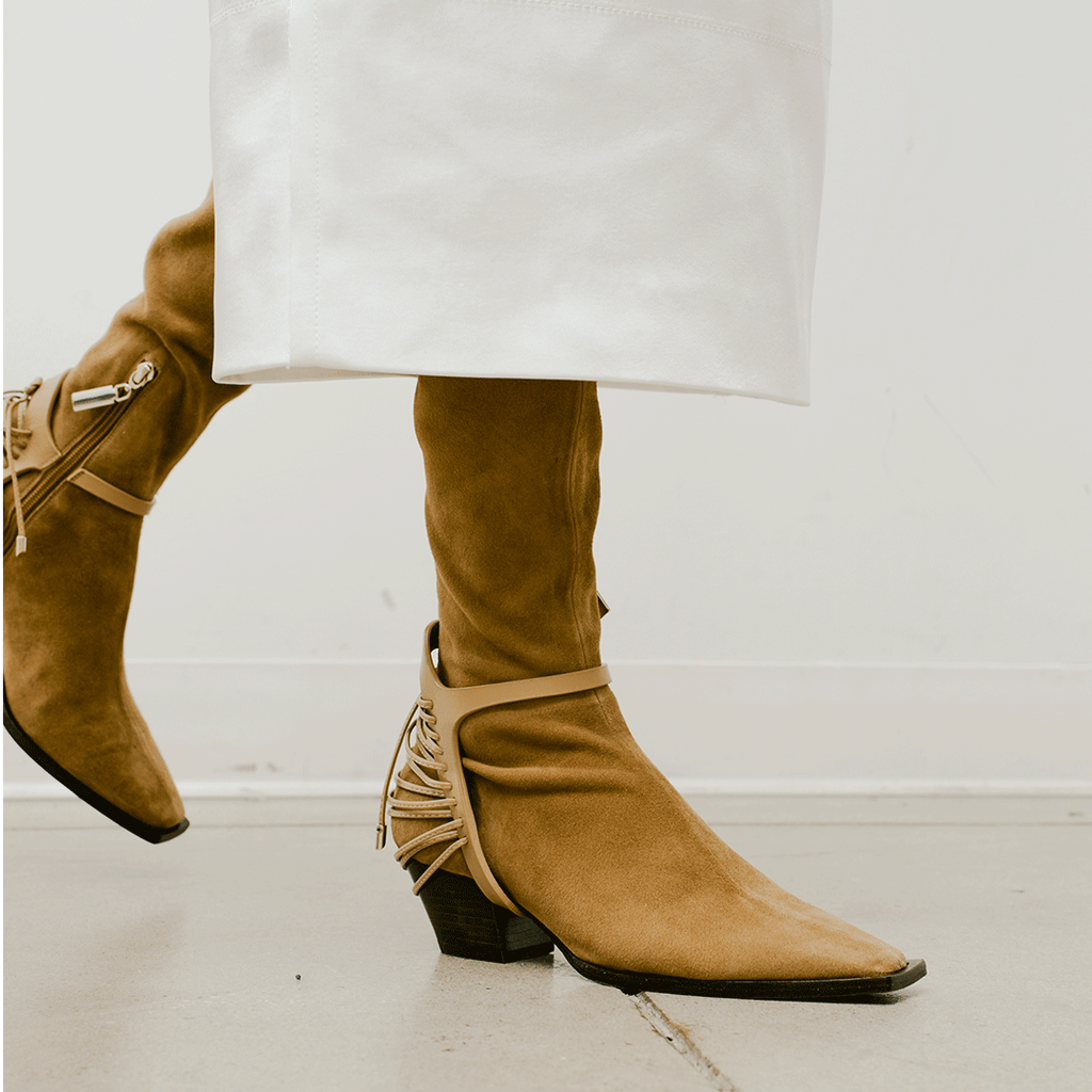 Daniella Shevel Cara Knee High Boot Brown Styled in White Dress