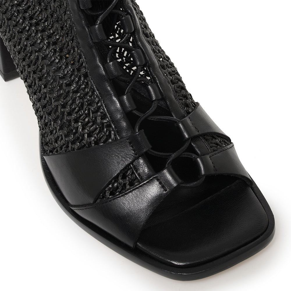 Daniella-Shevel-Frida-Open-Toe-Bootie-In-soft-raffia-in black-detail-with-laces-view