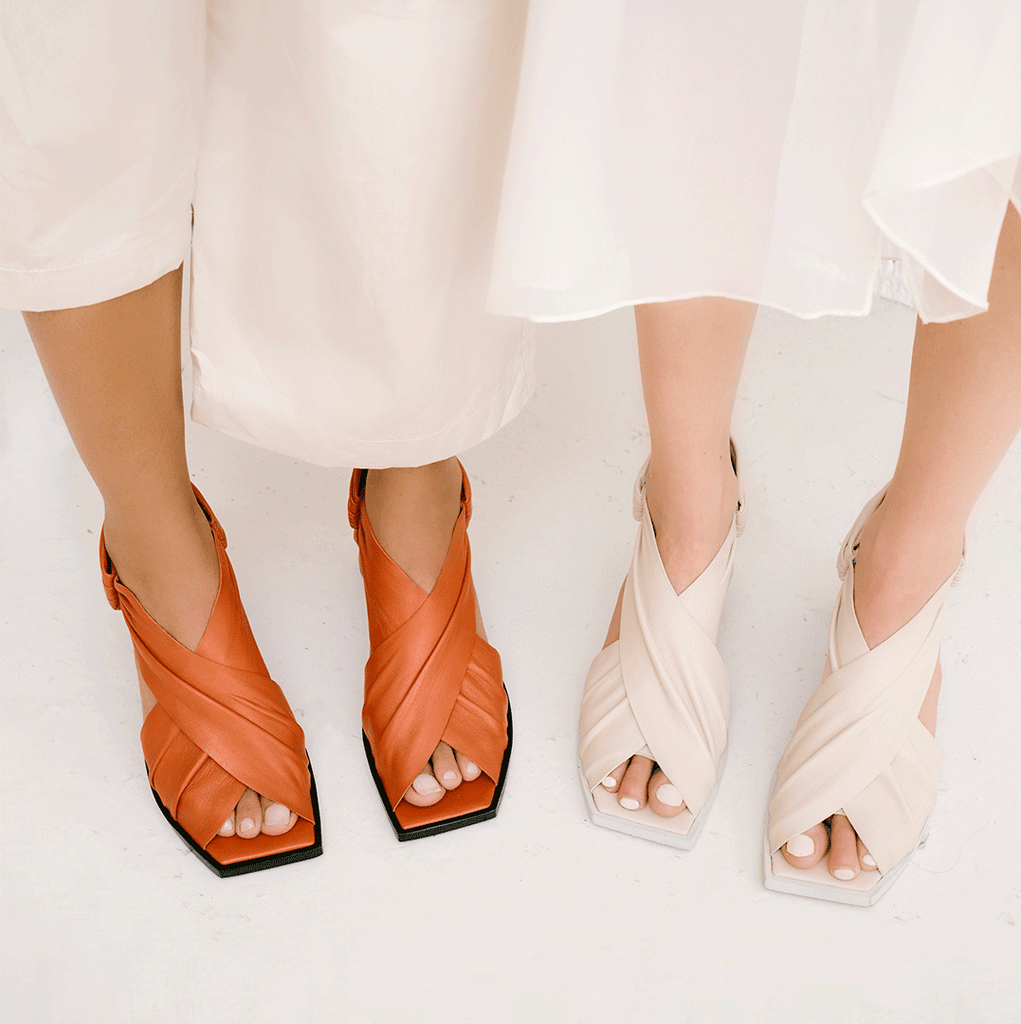 Daniella Shevel Harper lobster red and stone white wrap leather sandal with square toe 