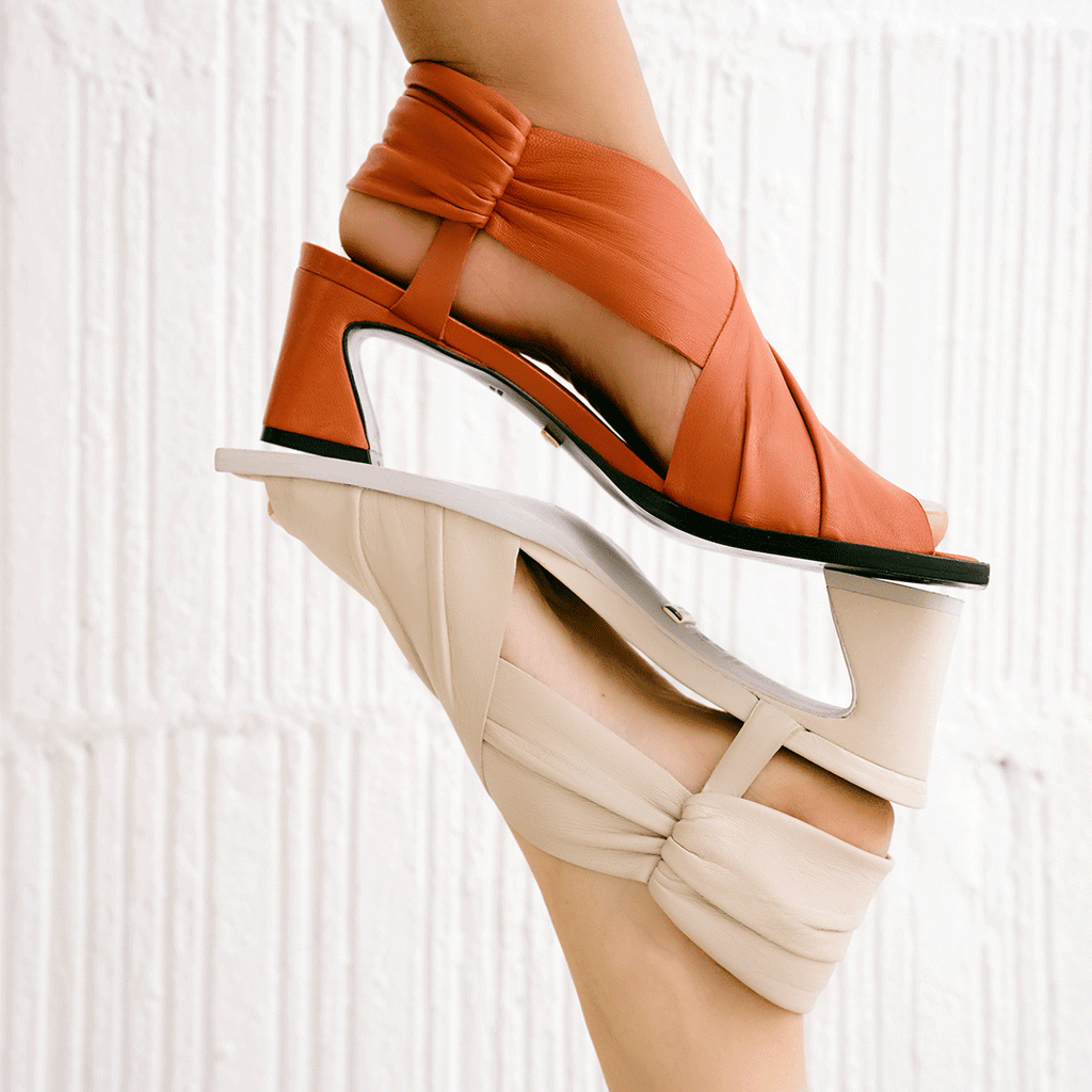 Daniella Shevel Harper lobster red and stone wrap leather sandal with square toe 