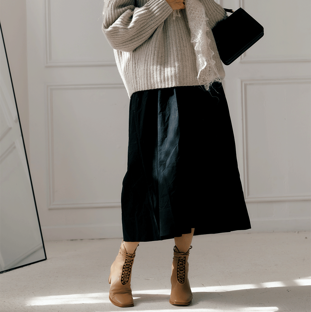 Daniella Shevel Willow bootie with black midi dress
