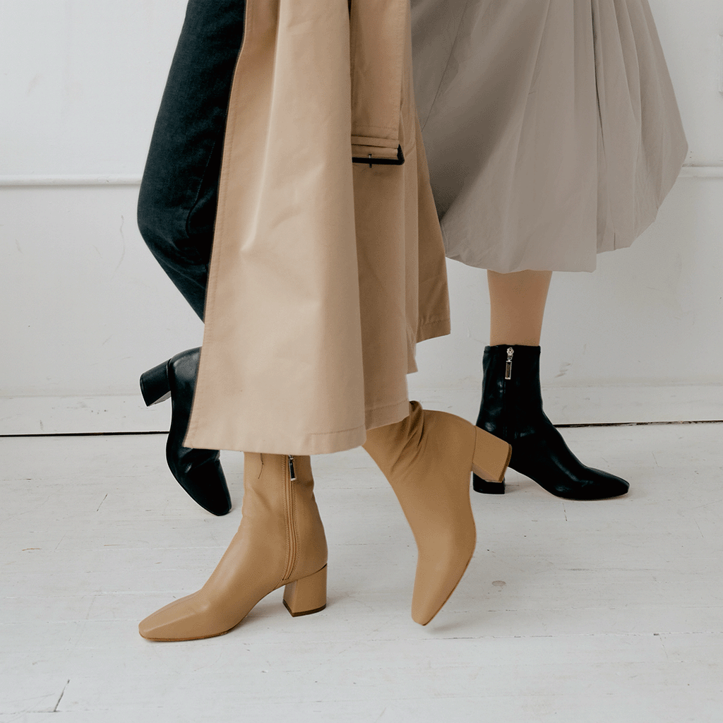 Daniella Shevel Milani Stretch Bootie in Creamy Camel with jeans trench coat and dress
