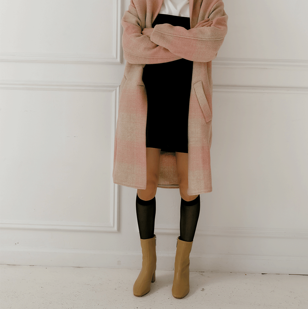 Daniella Shevel Milani Stretch Bootie in Creamy Camel with black dress and coat