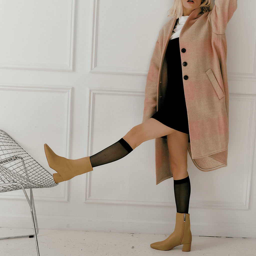 Daniella Shevel Milani Stretch Bootie in Creamy Camel with black dress