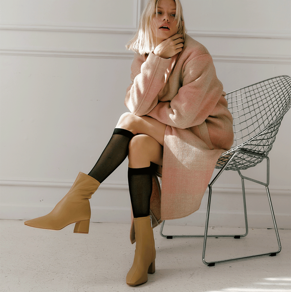 Daniella Shevel Milani Stretch Bootie in Creamy Camel with trench coat