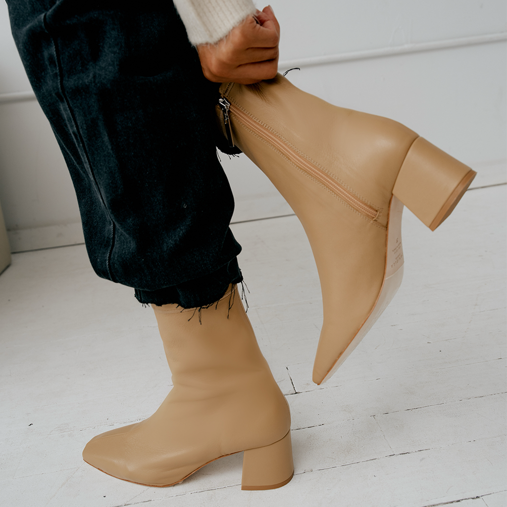 Daniella Shevel Milani Stretch Bootie in Creamy Camel with jeans