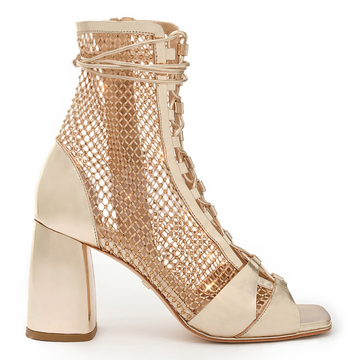 Daniella Shevel open toe bootie in sparkle gold metallic crystal mesh side view of heel