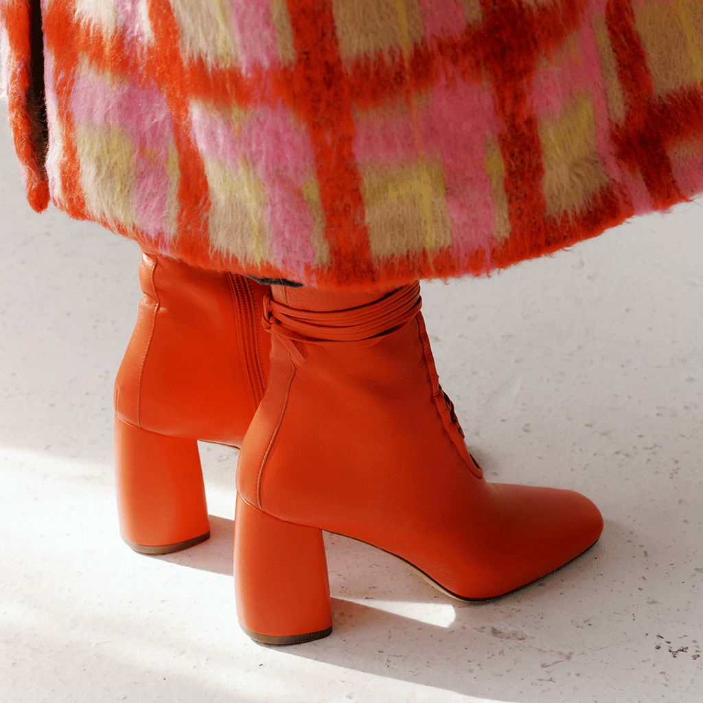 Daniella Shevel Belladonna Lace up boot in lobster red side detail shot