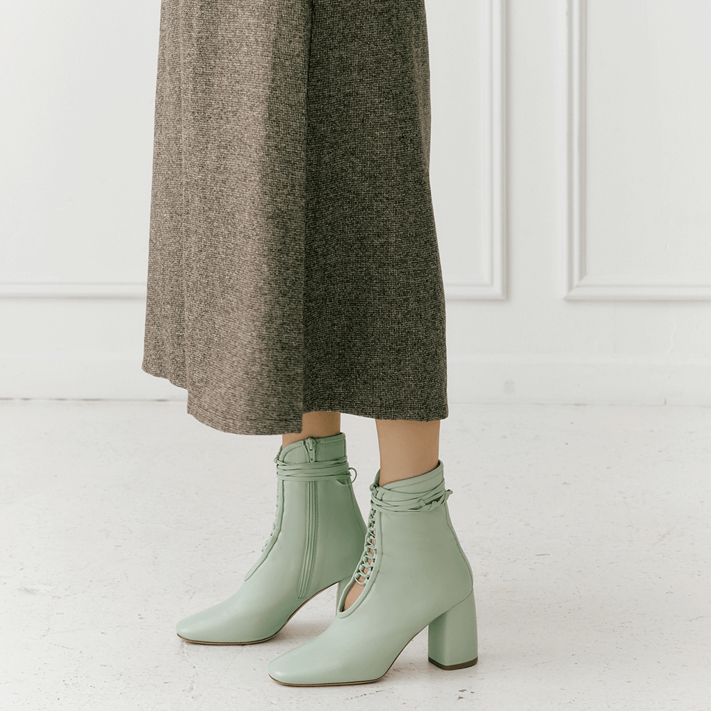 Daniella Shevel Belladonna Mint Green Lace Up Boot styled in brown midi skirt