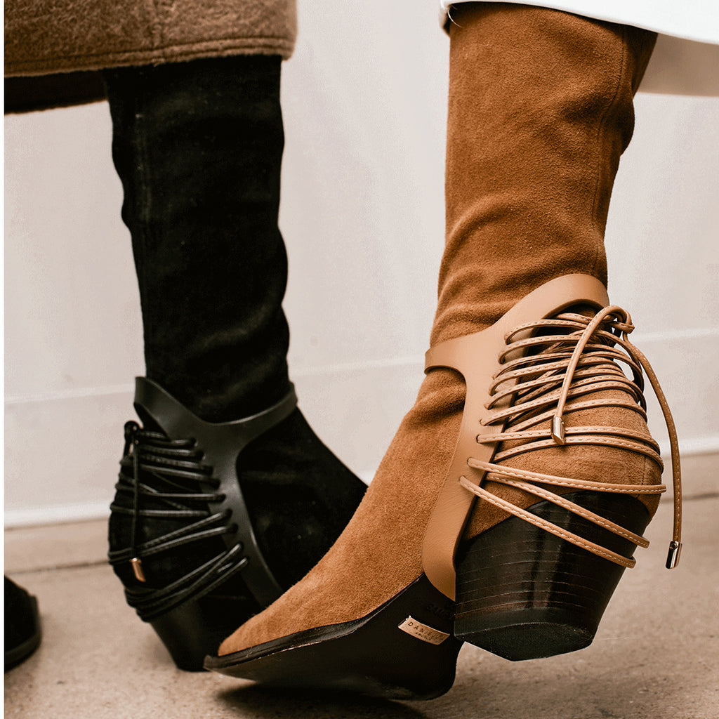 Daniella Shevel Cara knee high boot in moc brown and black harness details