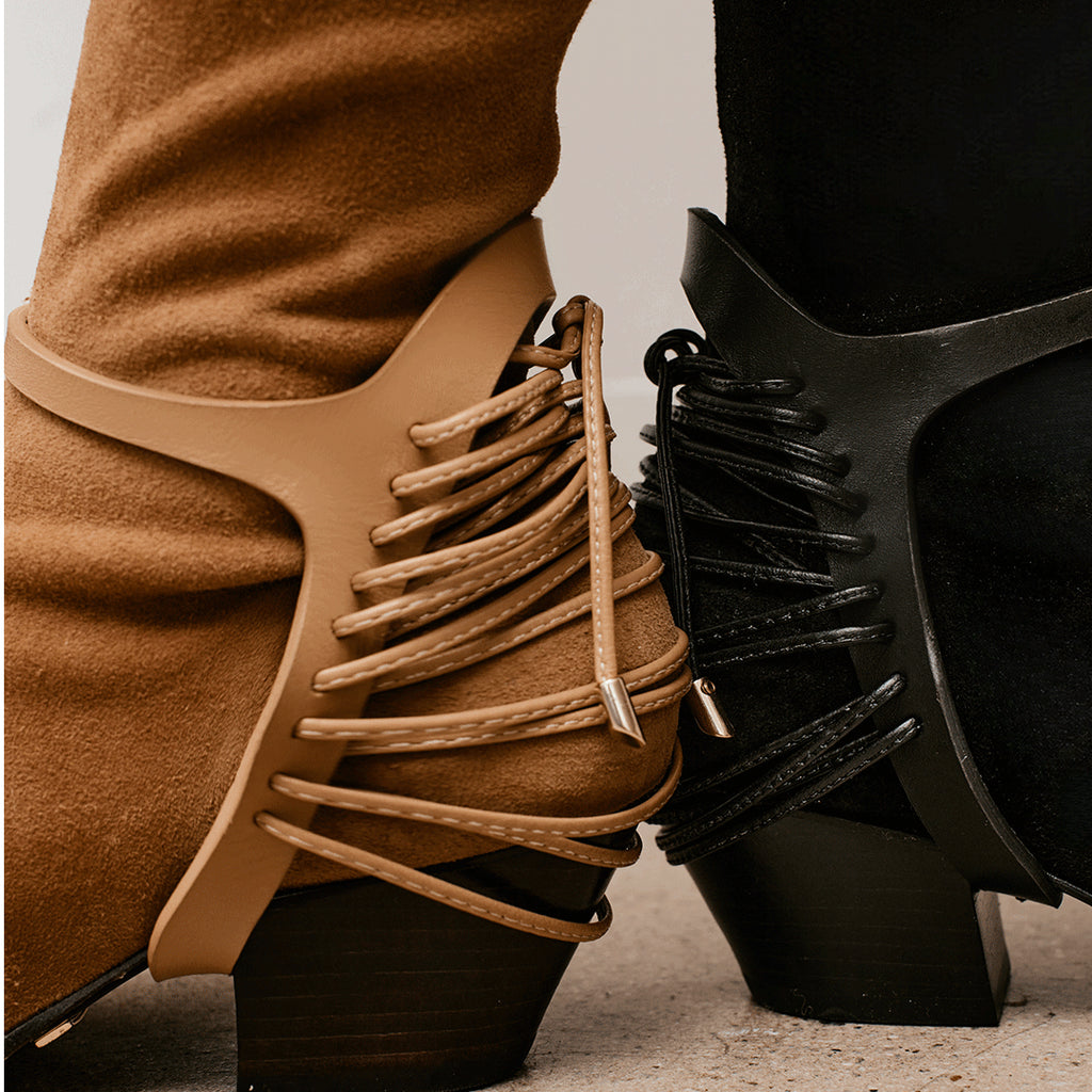 Daniella Shevel Cara knee high boot in moc brown harness details