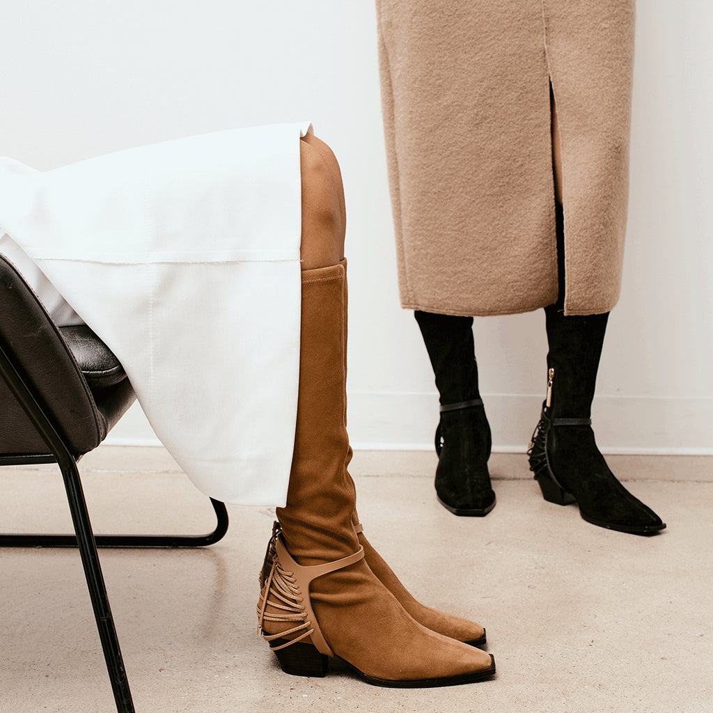 Daniella Shevel Cara knee high boot in moc brown and black side and front view