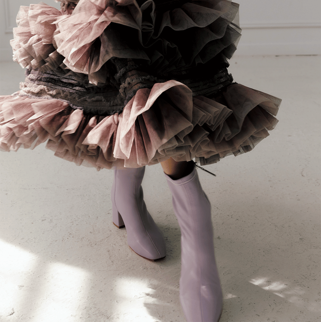 Daniella Shevel Milani Stretch Bootie in Lilac Lavender movement 
