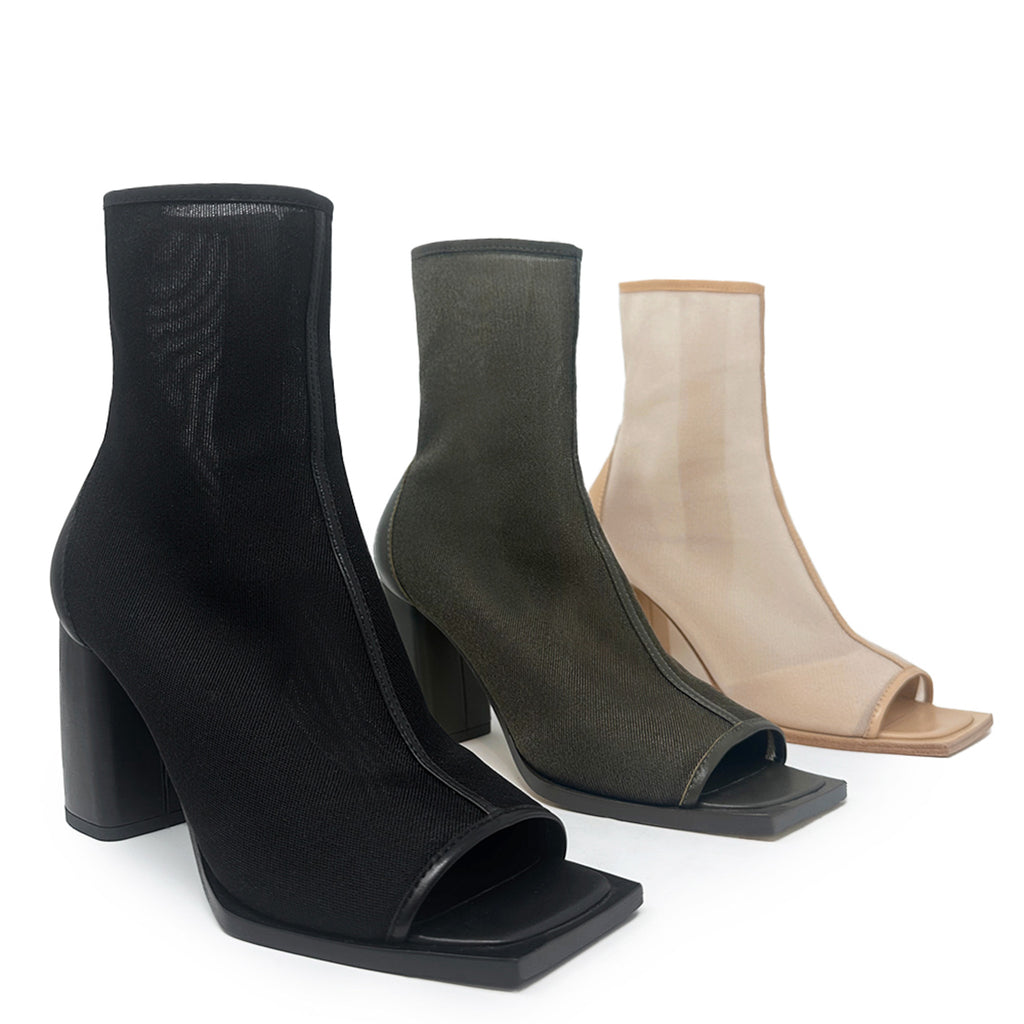 Daniella Shevel Onyx ankle boots in camel, black, and olive, displayed to show their premium material and design.