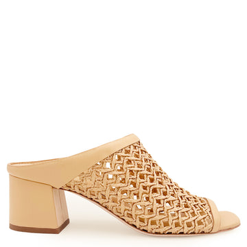 Daniella Shevel Sienna Slide sandal in camel, featuring woven leather craftsmanship, a block heel, and an open-toe silhouette for breathable comfort and effortless style.
