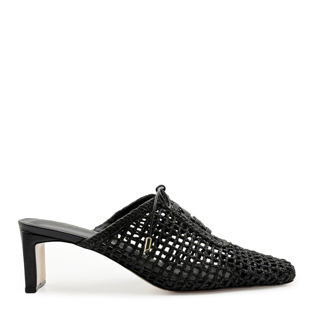 Daniella Shevel Lina heel in black raffia, displayed on white background with almond-shaped toe, sculpted heel, and handwoven mesh for breathable elegance.