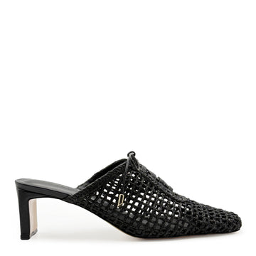 Daniella Shevel Lina heel in black raffia, displayed on white background with almond-shaped toe, sculpted heel, and handwoven mesh for breathable elegance.