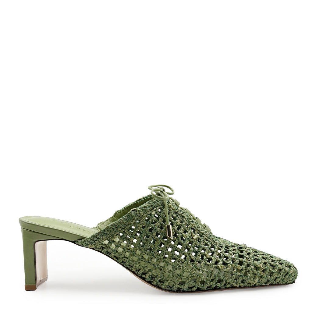 Daniella Shevel Lina mule in Minted Sage shown on white background, with handwoven raffia upper, sculpted heel, and breathable lace-up silhouette perfect for spring-summer looks.