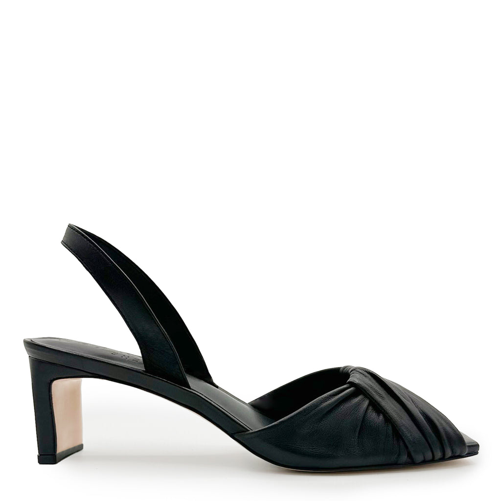 Studio shot of Daniella Shevel Riley Leather Low-Heel in black leather with block heel.