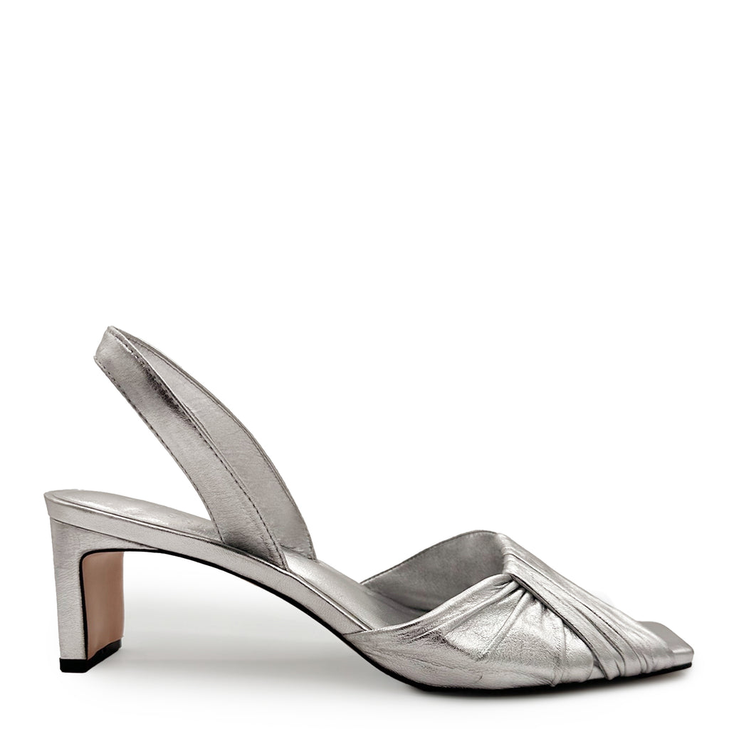 Studio shot of Daniella Shevel Riley Leather Low-Heel in metallic silver leather.