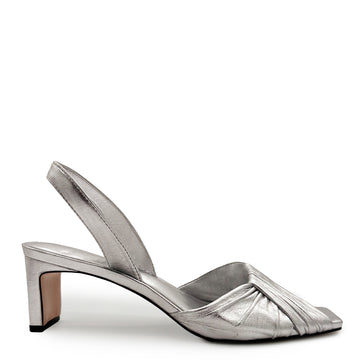 Studio shot of Daniella Shevel Riley Leather Low-Heel in metallic silver leather.