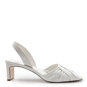 Studio shot of Daniella Shevel Riley Leather Low-Heel in white leather with low block heel.