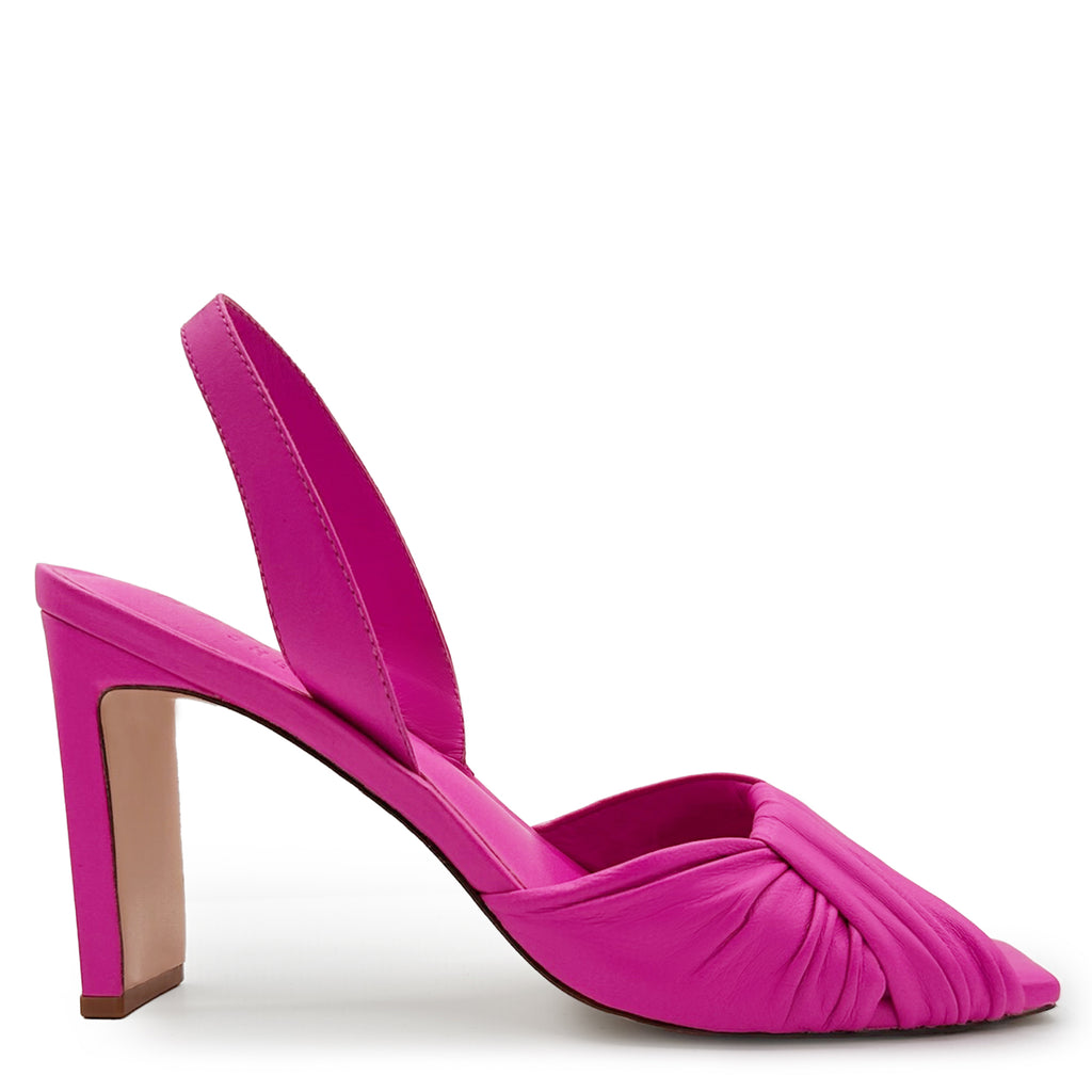 Daniella Shevel Skyler Leather High-Heel in intense pink, side view studio shot.