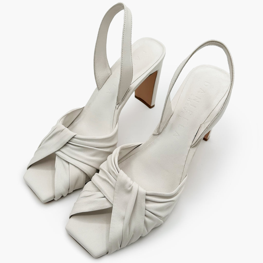 Daniella Shevel Skyler leather high-heel in white, front angled shot.