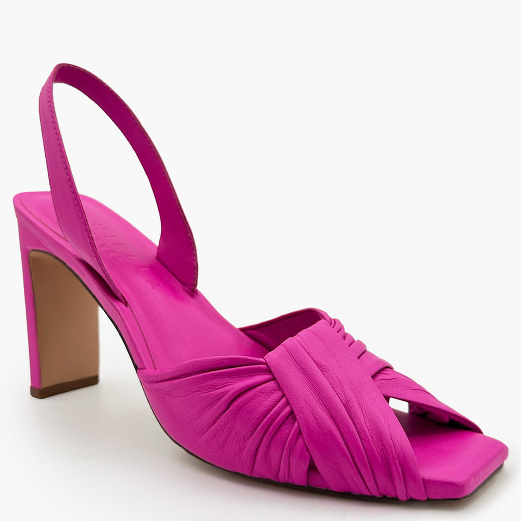 Studio close-up of Daniella Shevel Skyler intense pink high-heel, front detail.