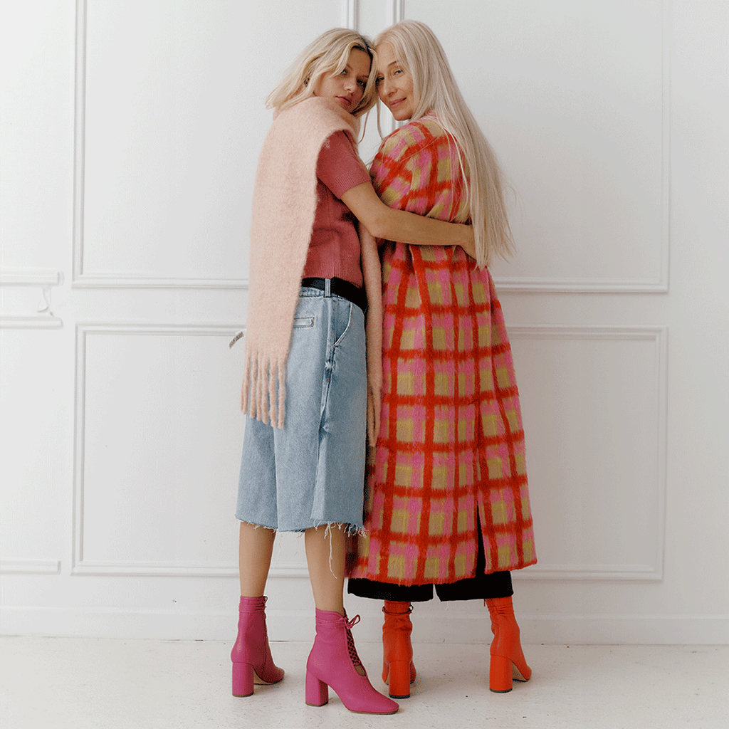 Daniella Shevel Belladonna Lace up boot in lobster red and Belladonna in intense pink side back view