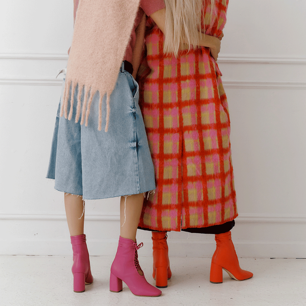 Daniella Shevel Belladonna Lace up boot in lobster red with Belladonna in intense pink with fall and winter styling