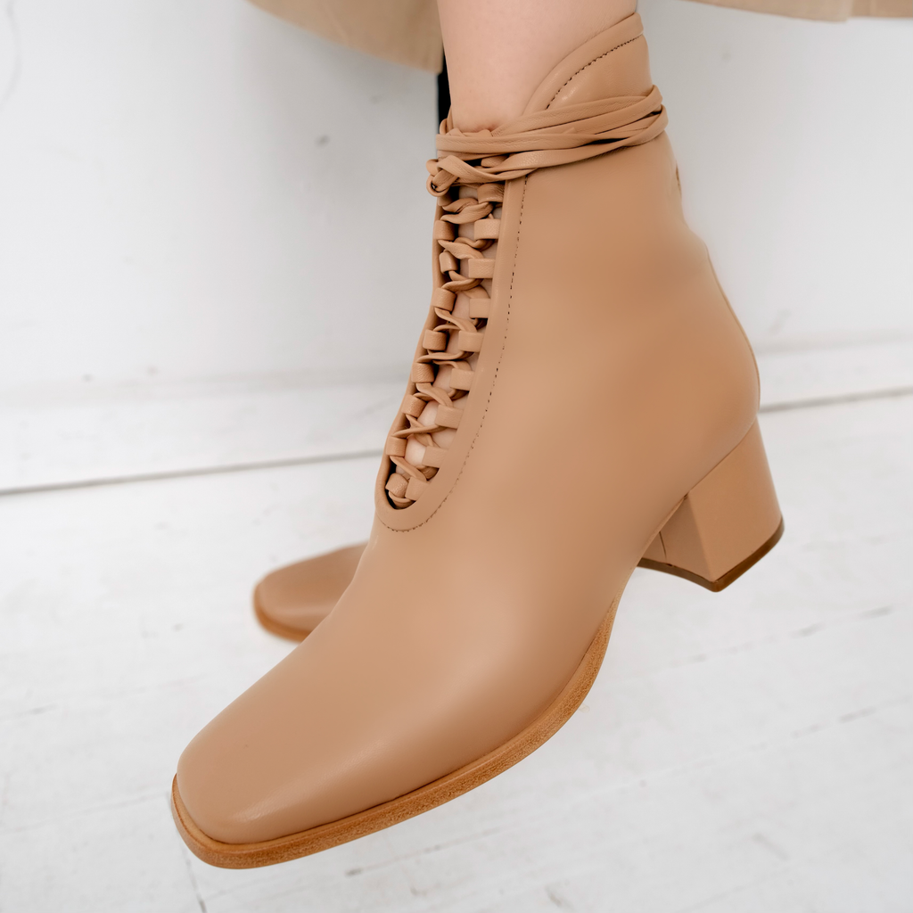 Daniella Shevel Willow Camel Leather Bootie with Low Heel and Camel Laces and welt Side View