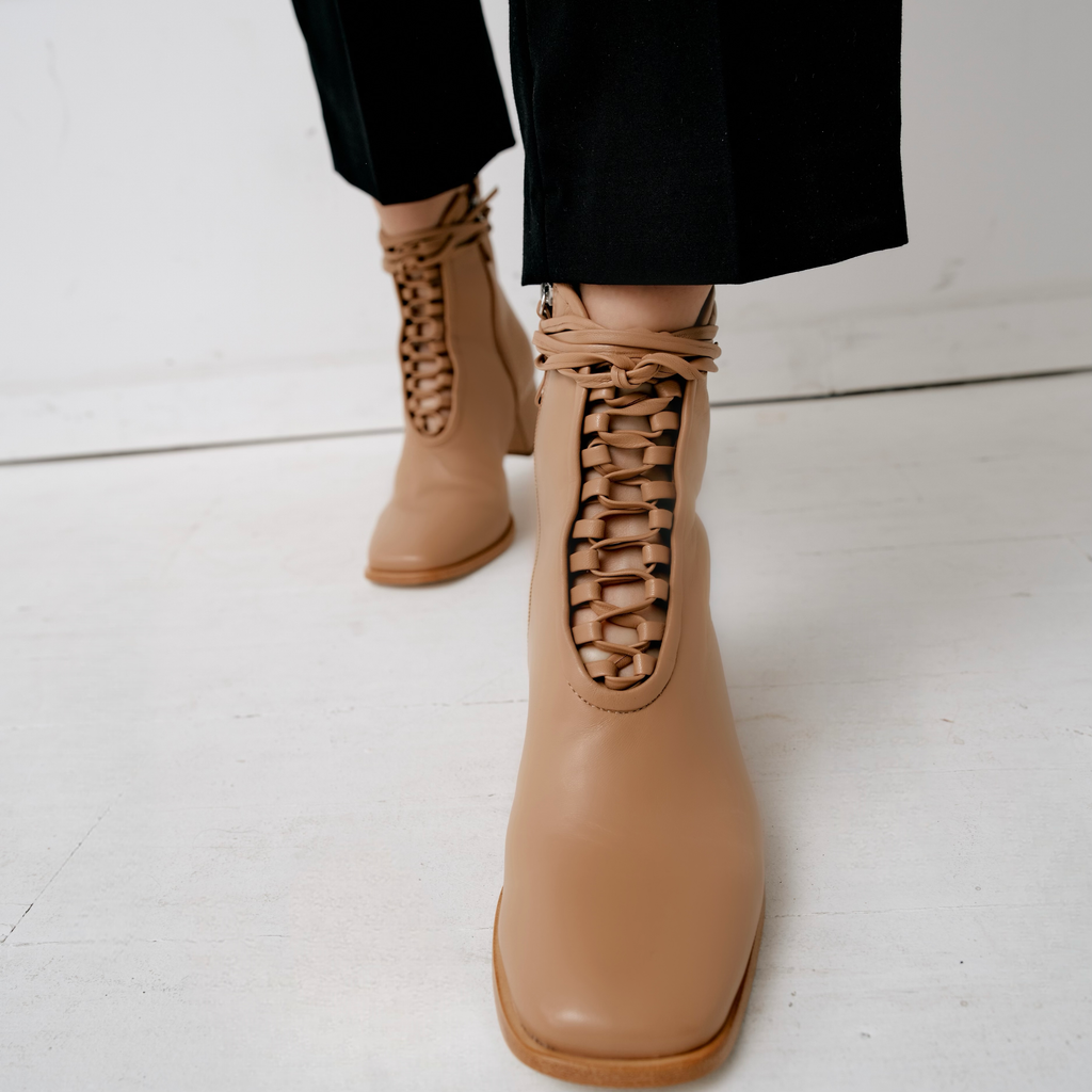 Daniella Shevel Willow Camel Leather Bootie with Low Heel and Camel Laces and welt Side View