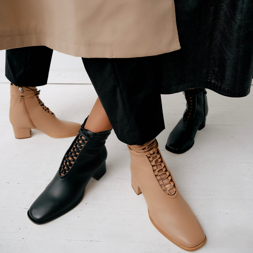 Daniella Shevel Willow Black and Camel Leather Bootie with Low Heel and Black and  Camel Laces and welt Side View