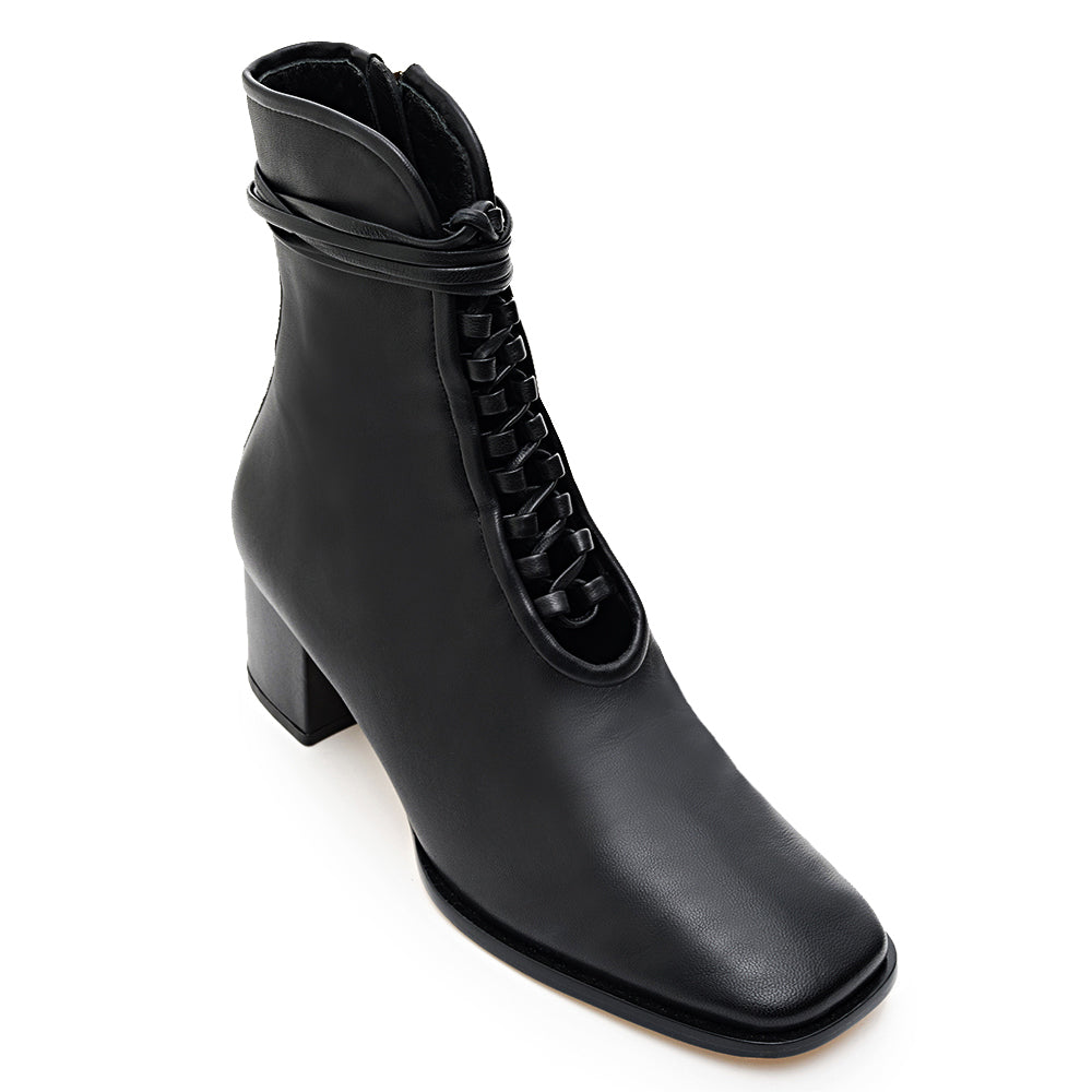 Daniella Shevel Willow Black Leather Bootie with Low Heel and Black Laces and leather welt extension top angle View