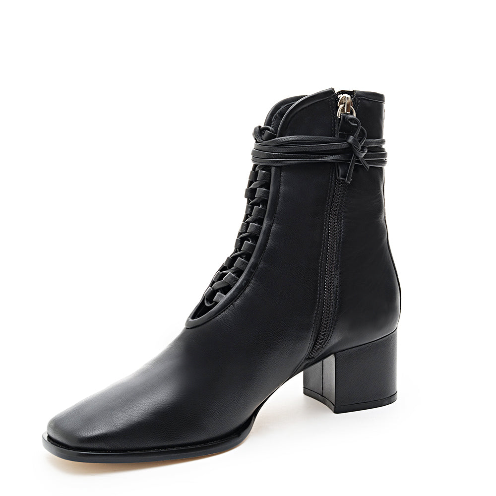 Daniella Shevel Willow Black Leather Bootie with Low Heel and Black Laces and leather welt extension angle View