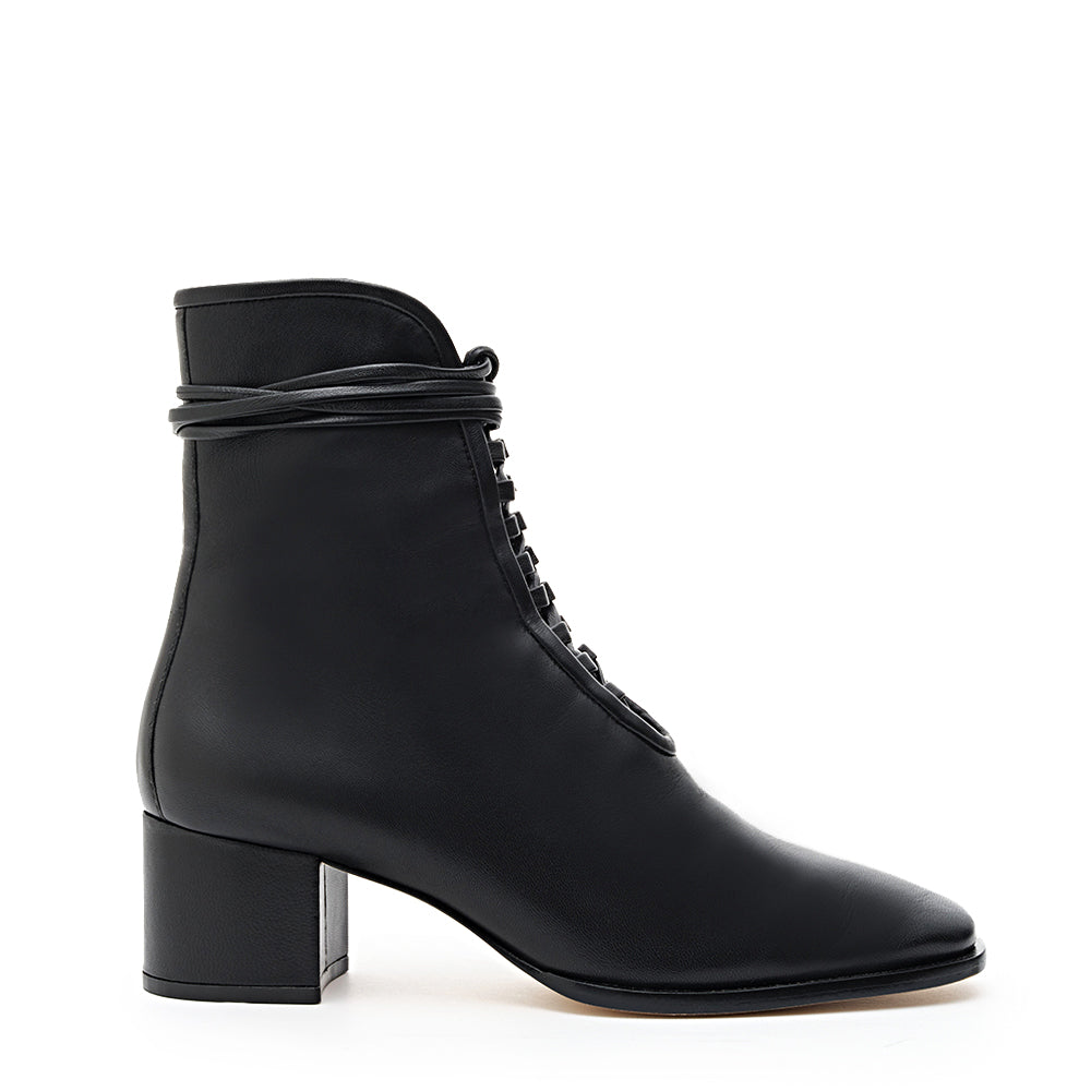 Daniella Shevel Willow Black Leather Bootie with Low Heel and Black Laces and leather welt extension Side View