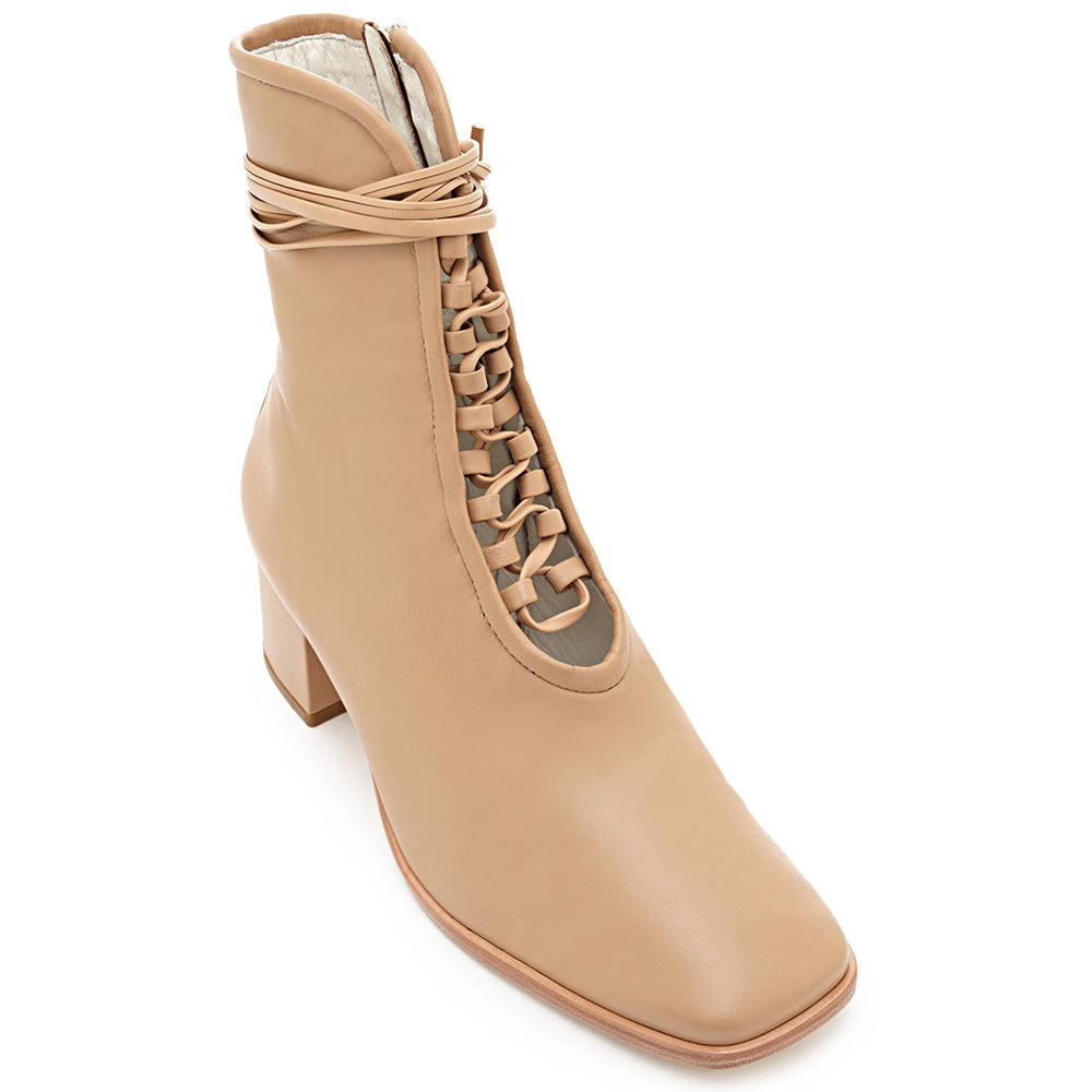 Daniella Shevel Willow Camel Leather Bootie with Low Heel and Camel Laces and welt top View
