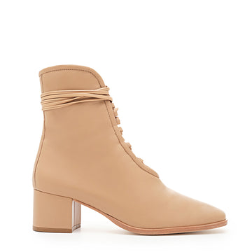 Daniella Shevel Willow Camel Leather Bootie with Low Heel and Camel Laces and welt Side View