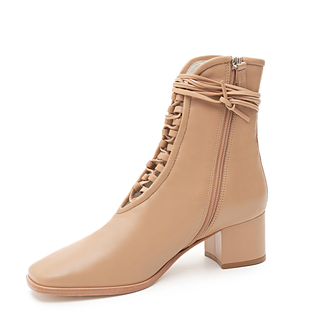 Daniella Shevel Willow Camel Leather Bootie with Low Heel and Camel Laces and welt zipper View