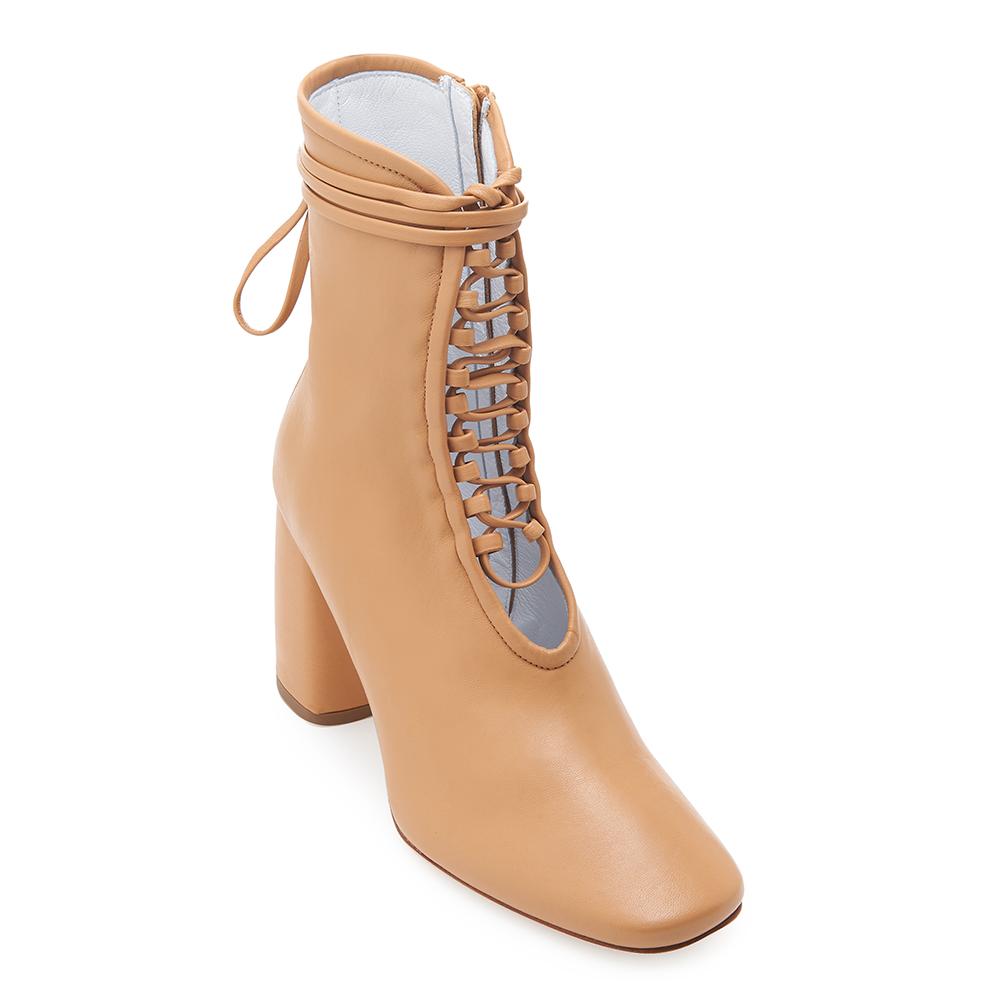 Daniella Shevel BellaDonna Designer Camel Brown Leather Boot with Heel and Laces Front View