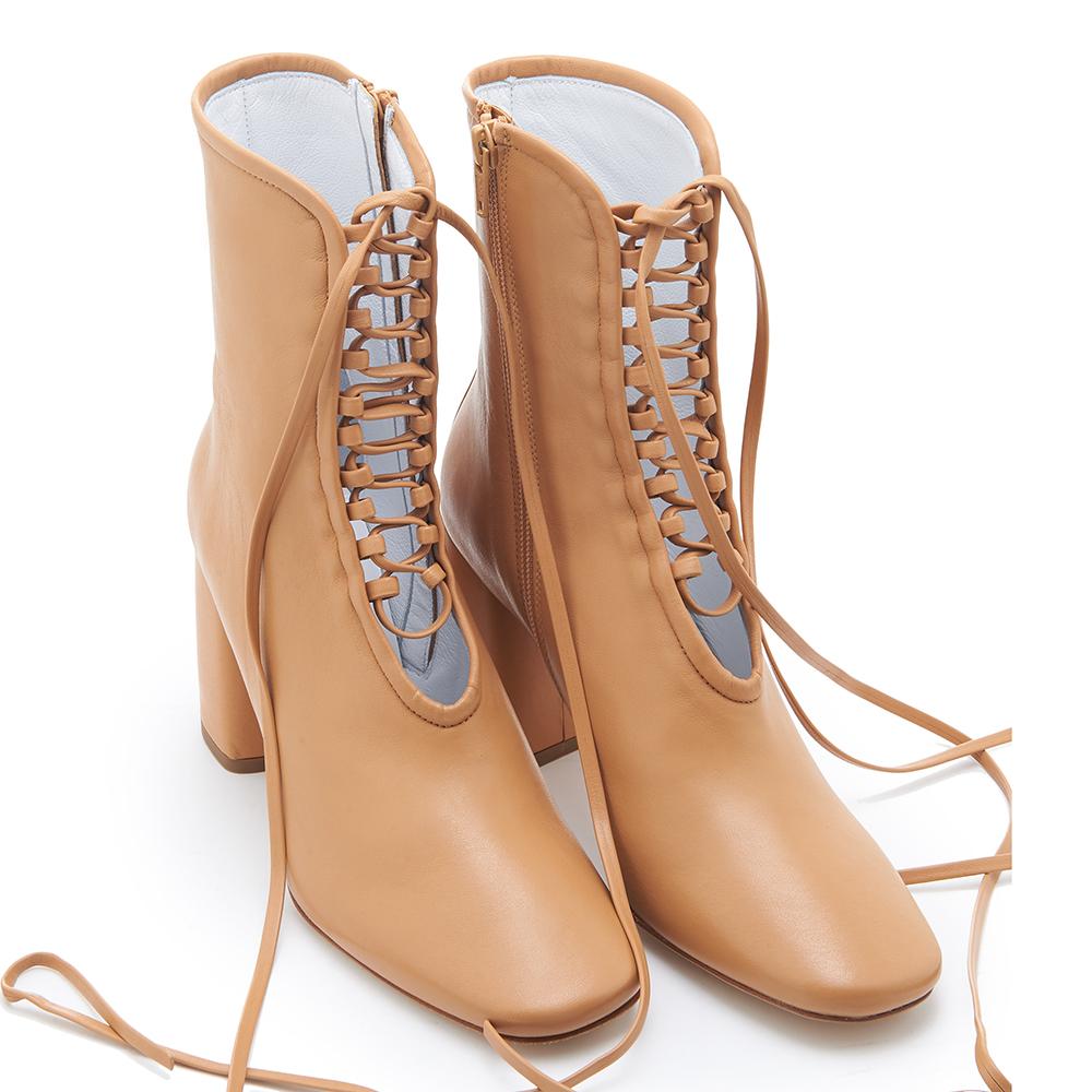 Daniella Shevel BellaDonna Designer Camel Brown Leather Boot with Heel and Laces Full Pair View